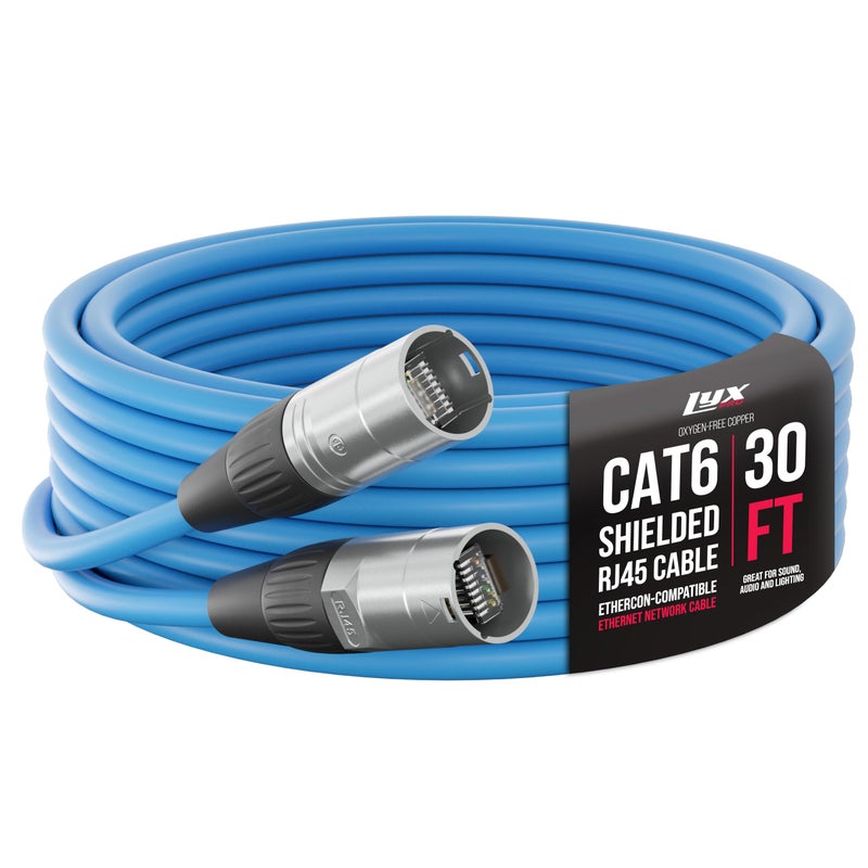 LyxPro 30 Feet Shielded CAT6 Ethercon Cable - Professional Audio & Lighting RJ45 Cable, Studio-Grade Sound Transmission, Extreme Durability - Blue - Image 1